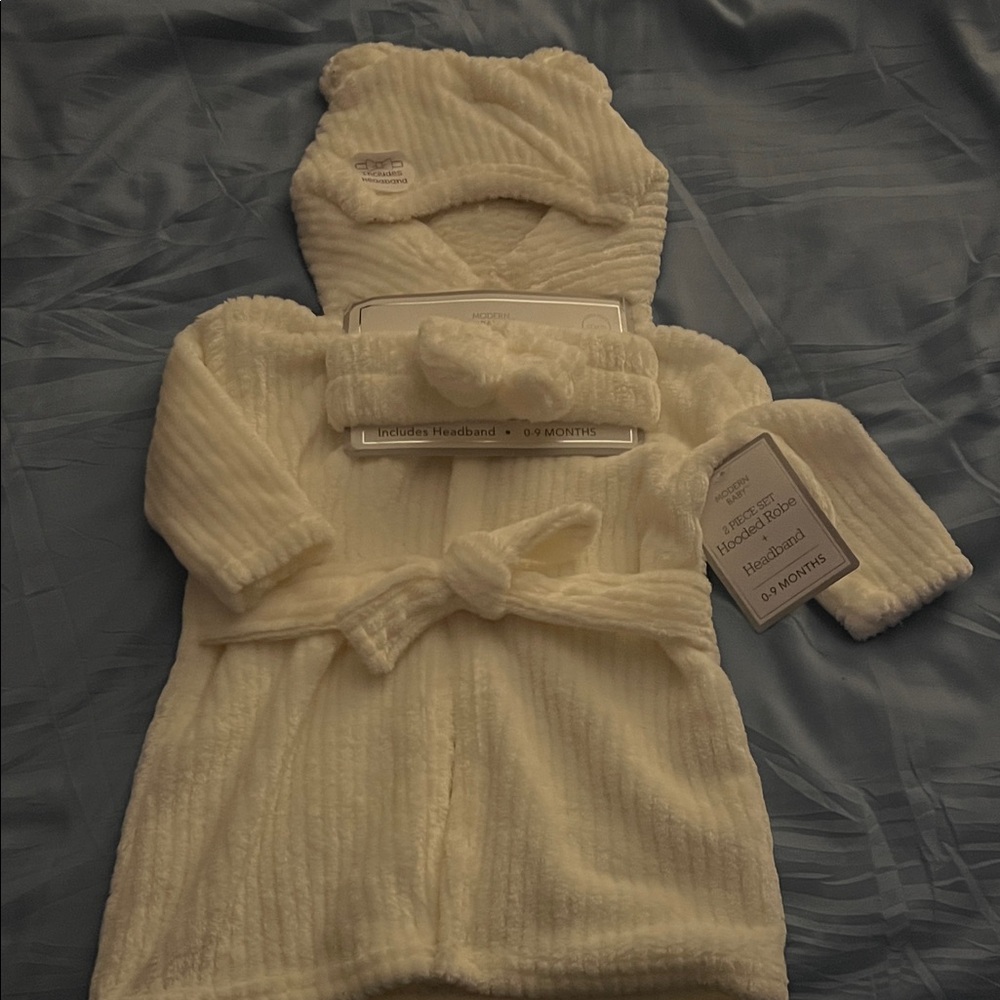 Modern Baby- Cozy Cream Baby Robe with Headband